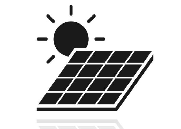 Icon of "Solar panel with sun" with its reflection and isolated on a blank background. Vector Illustration (EPS file, well layered and grouped). Easy to edit, manipulate, resize or colorize. Vector and Jpeg file of different sizes.